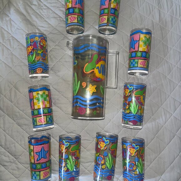 Vintage 1990s Nautical Fish Motif Acrylic Tumblers, Set of 10 with pitcher - Picture 1 of 5